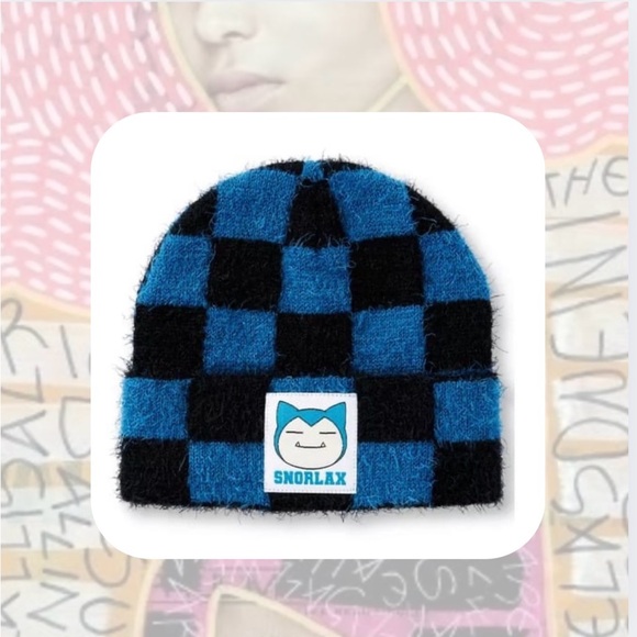 (men) Snorlax black & blue checkered fuzzy beanie hat - Picture 1 of 11